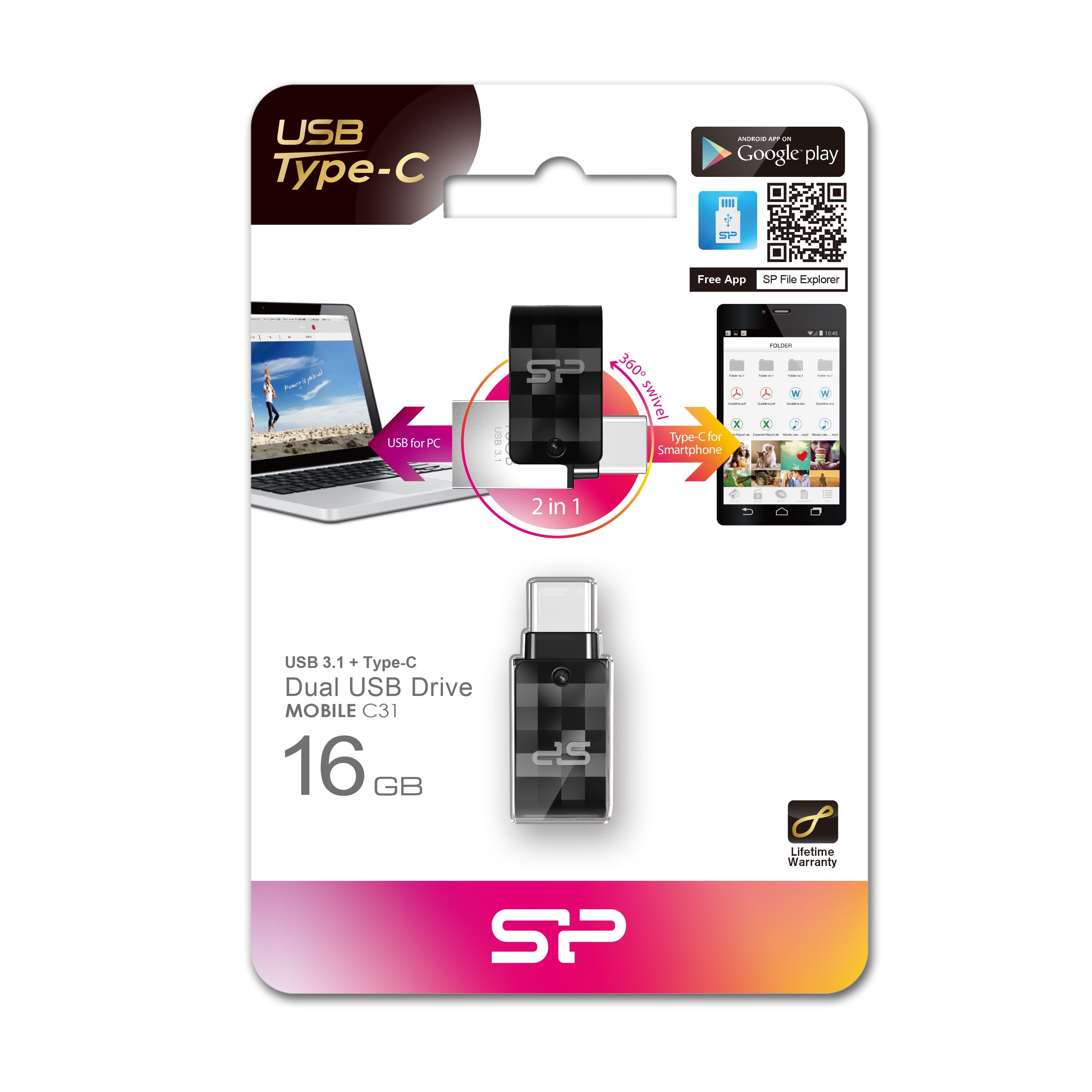Pendrive 16gb Silicon Power Usb3.1 + Type C C31 Negro