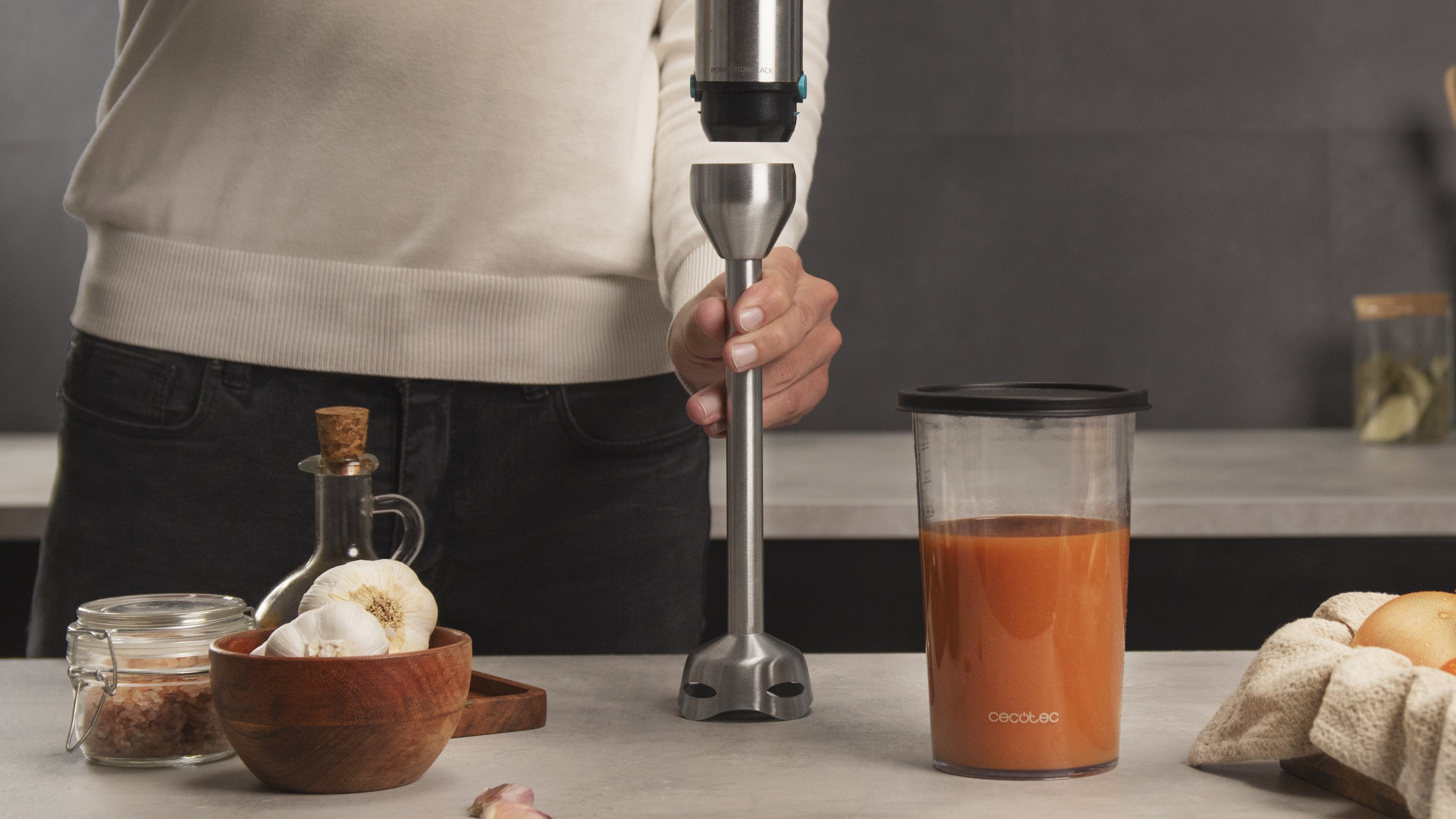 Cecotec Stabmixer Power Titannegro 1500 Xl, Mit Zubehörset (Edelstahl/Negro, 1.500 Watt, Mit Zerkleinerer, Spiralschneider, Kartoffelstampfer, Schneebesen) 4275