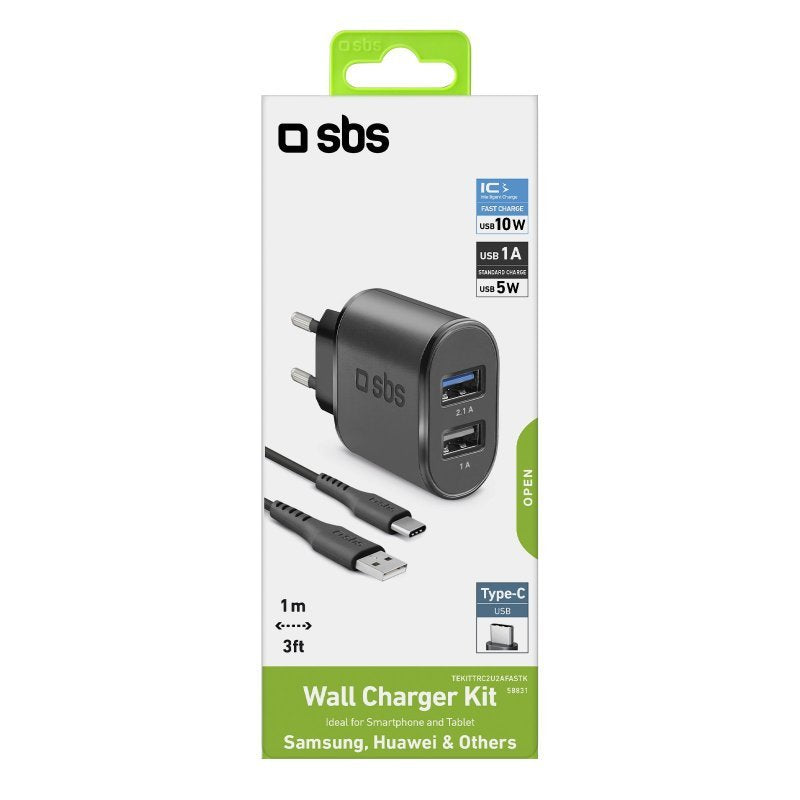 Kit Cargador De Pared Sbs 2x Usb 2100 Mah Carga Rapida Con Cable Tipo C Negro
