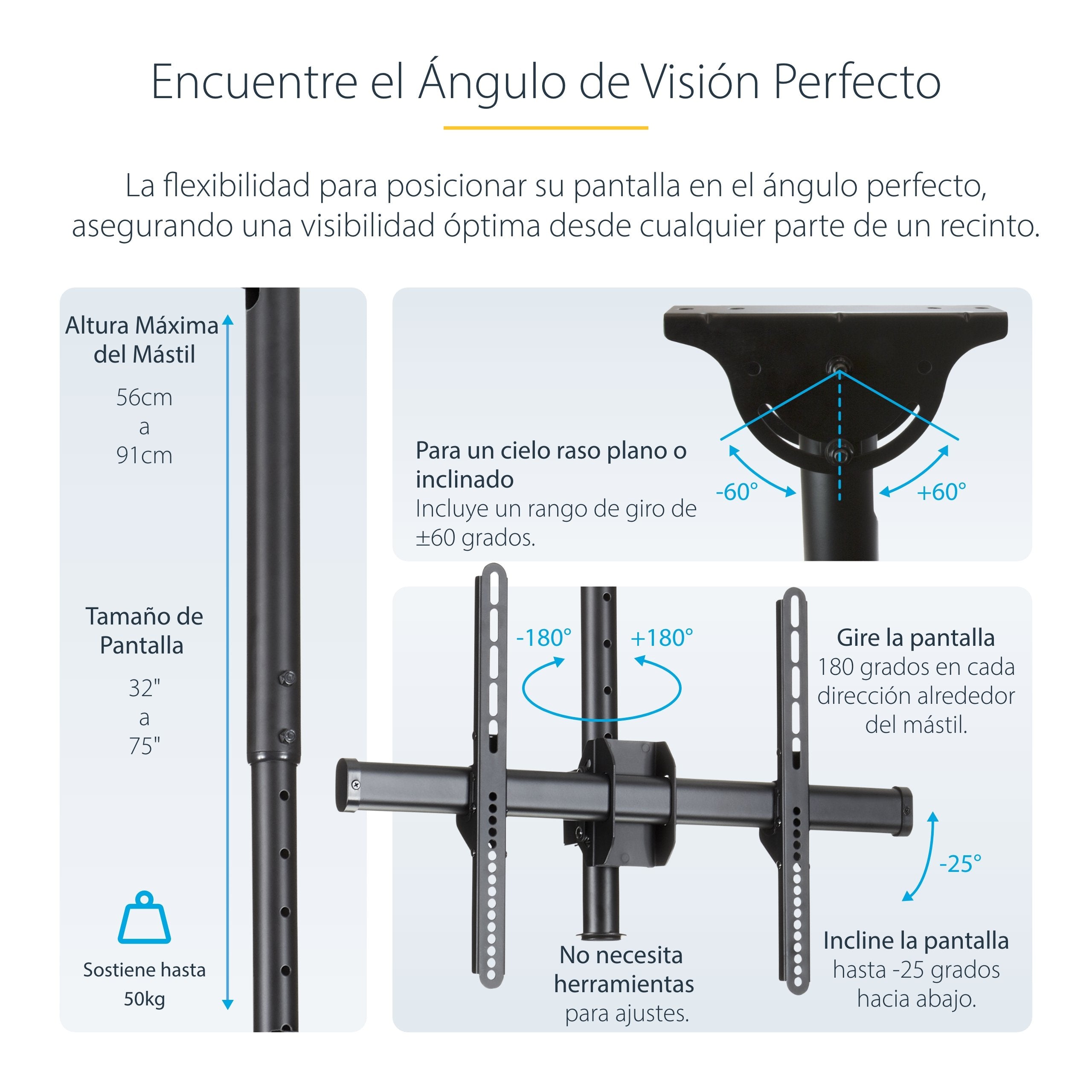 Startech.Com Base Soporte Vesa Ajustable De Montaje En Techo Para Pantallas De 37 A 70 Pulgadas - Mástil Corto