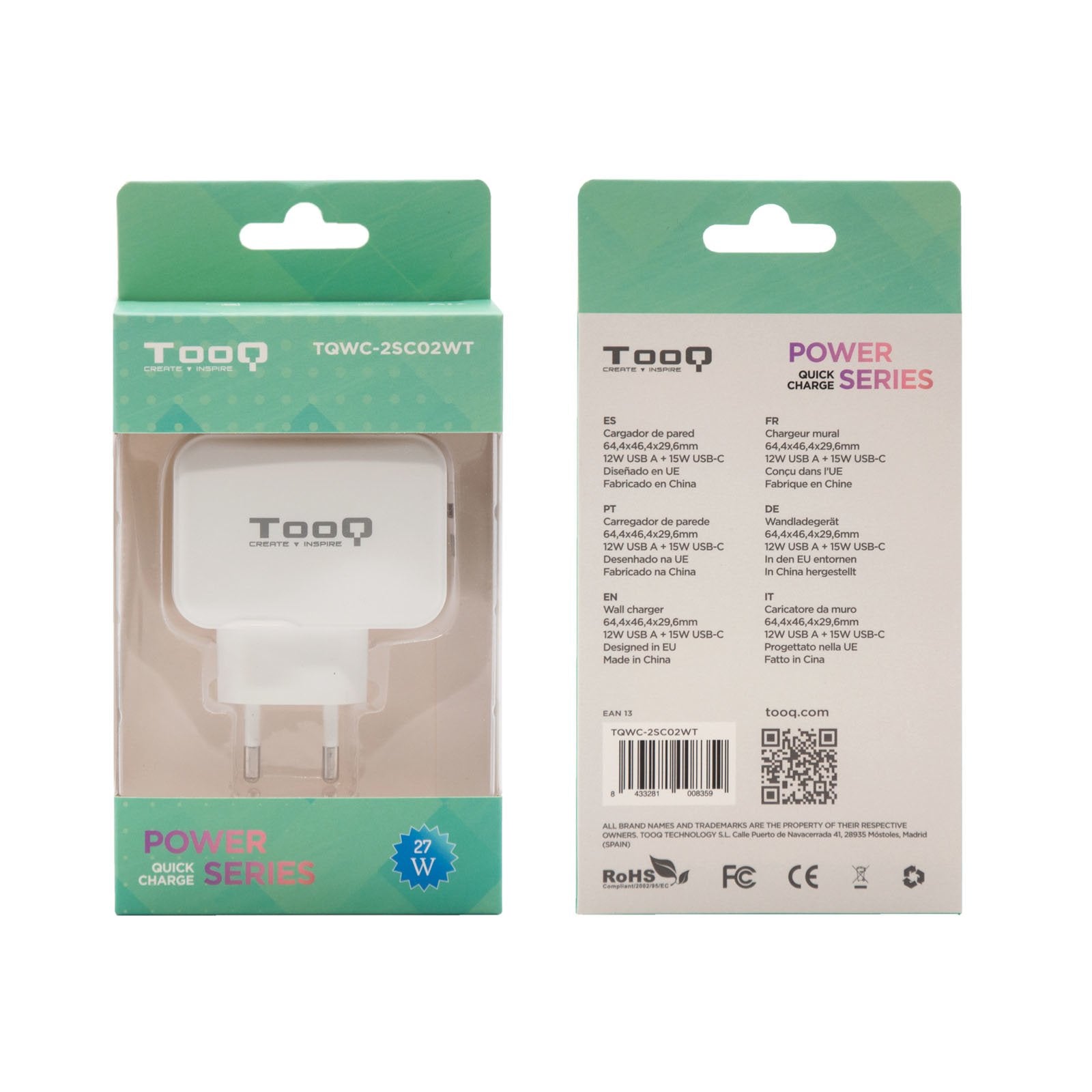Tooq Cargador De Pared Usb 2.0, Usb-C - Blanco