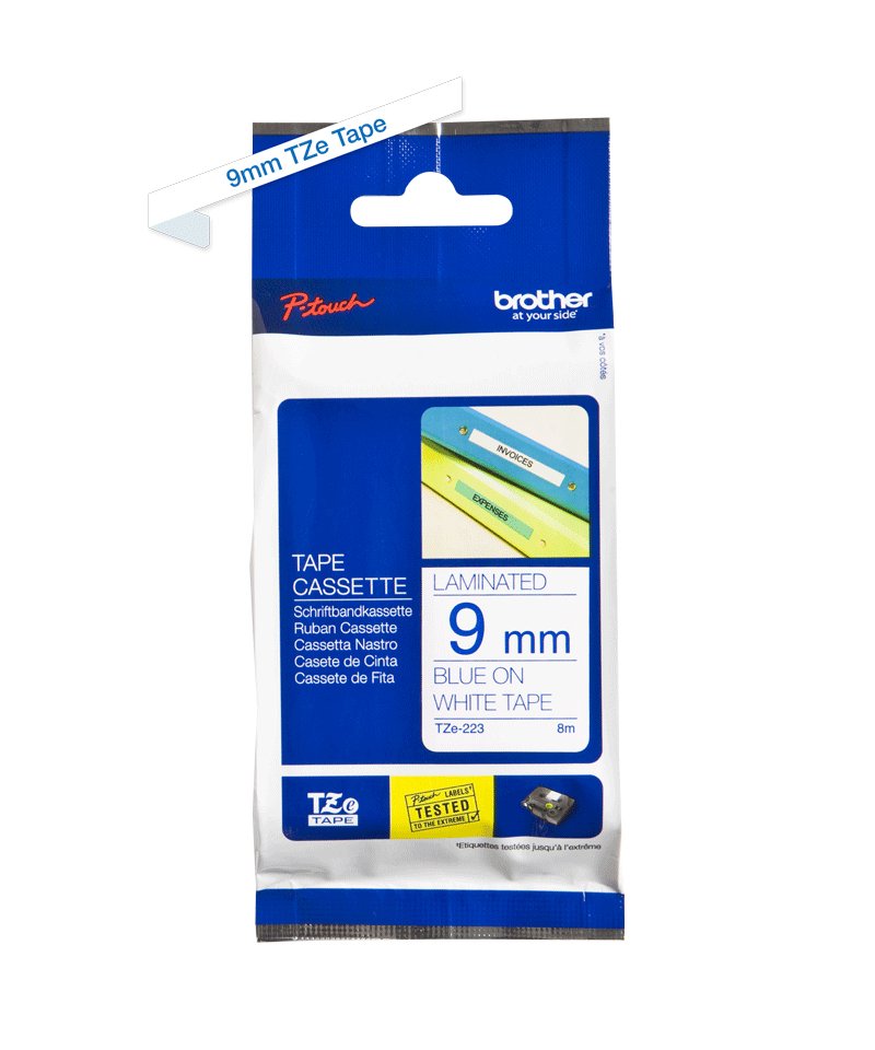 Brother Tze223 - Azul Sobre Blanco - Rollo (0,9 Cm X 8 M) 1 Bobina(S) Tipo Laminado - Para P-Touch Pt-1880, D200, D450, D800, H105, H110, P300, P900, P950, P-Touch Cube Plus Pt-P710