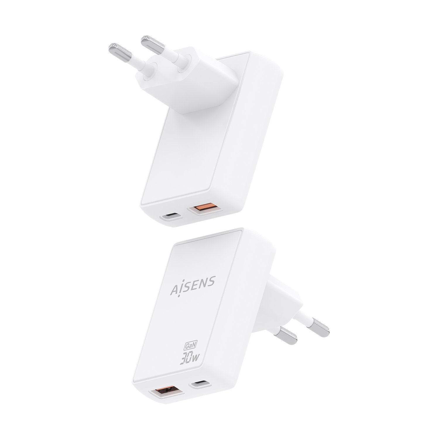 Aisens Cargador De Pared Gan Ultra Delgado 30w, 1xusb-C Pd3.0 Qc4.0, 1xusb-A Qc3.0, Blanco