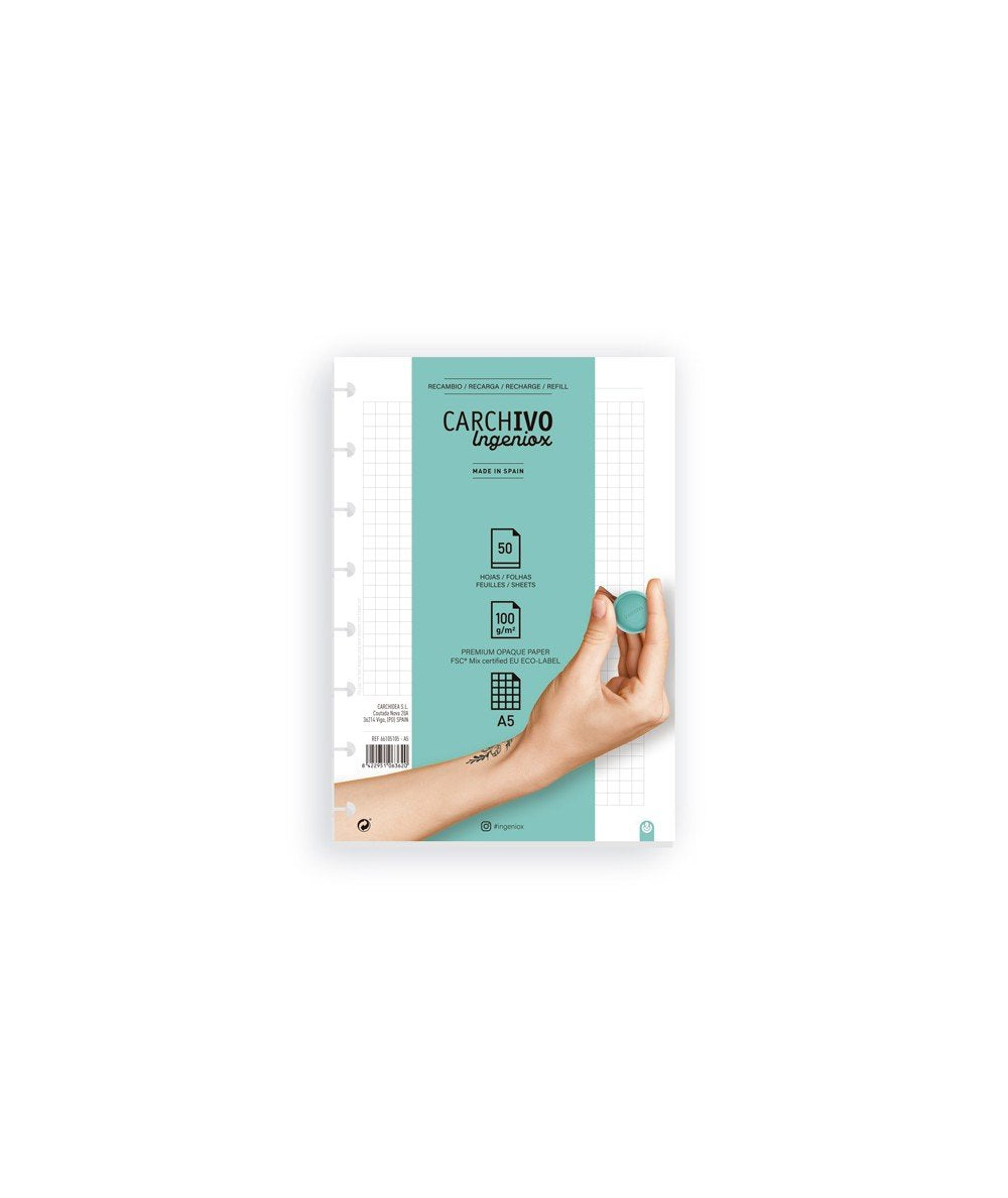 Carchivo Recambio Cuaderno Ingeniox A5 50 Hojas Extraíbles 100gr Cuadrícula 5x5