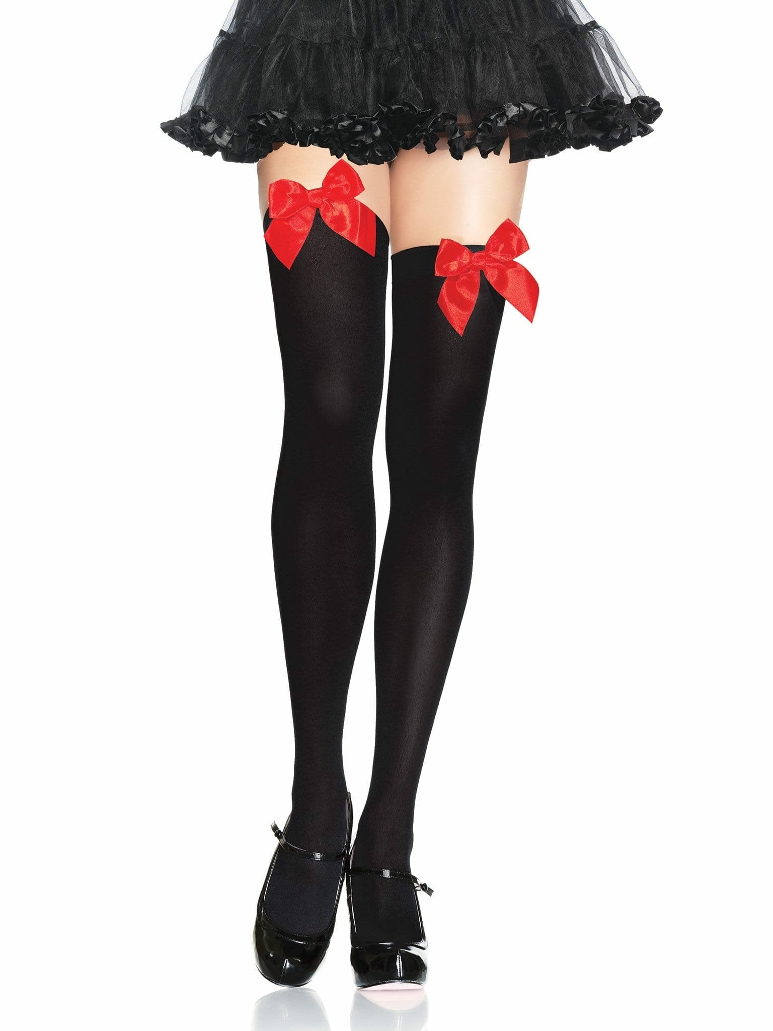 Leg Avenue - Medias Altas Negras Con Lacito Rojo Talla Unica