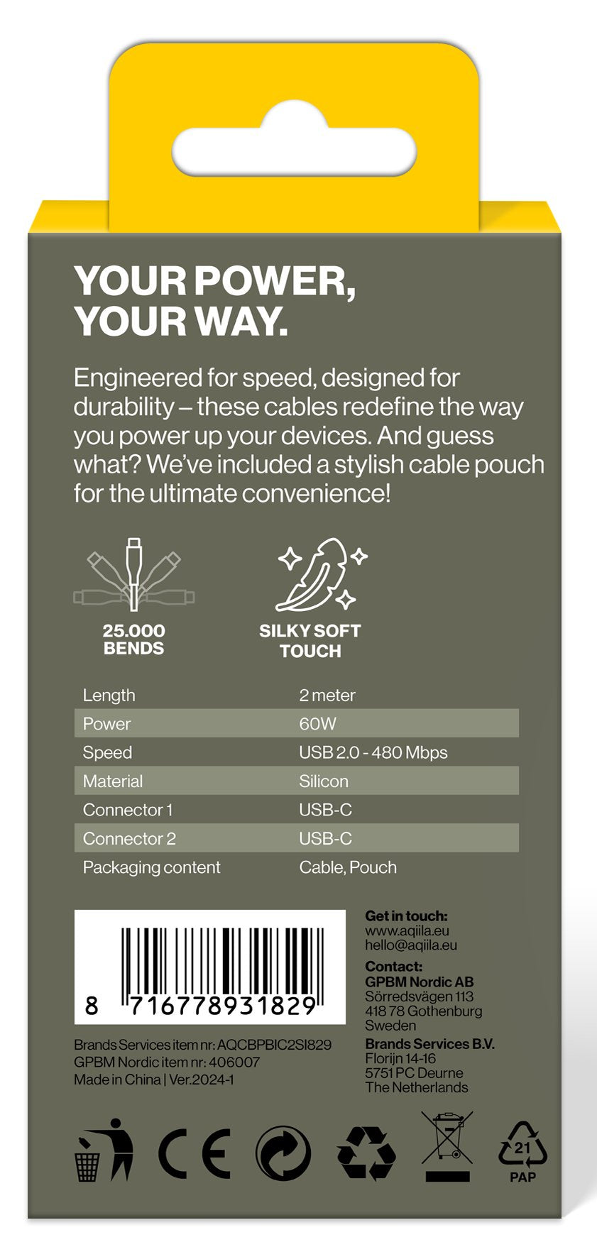 Aqiila Cablebird Cs12 Lade-/Sync Kabel 60w Type C Type C 2m