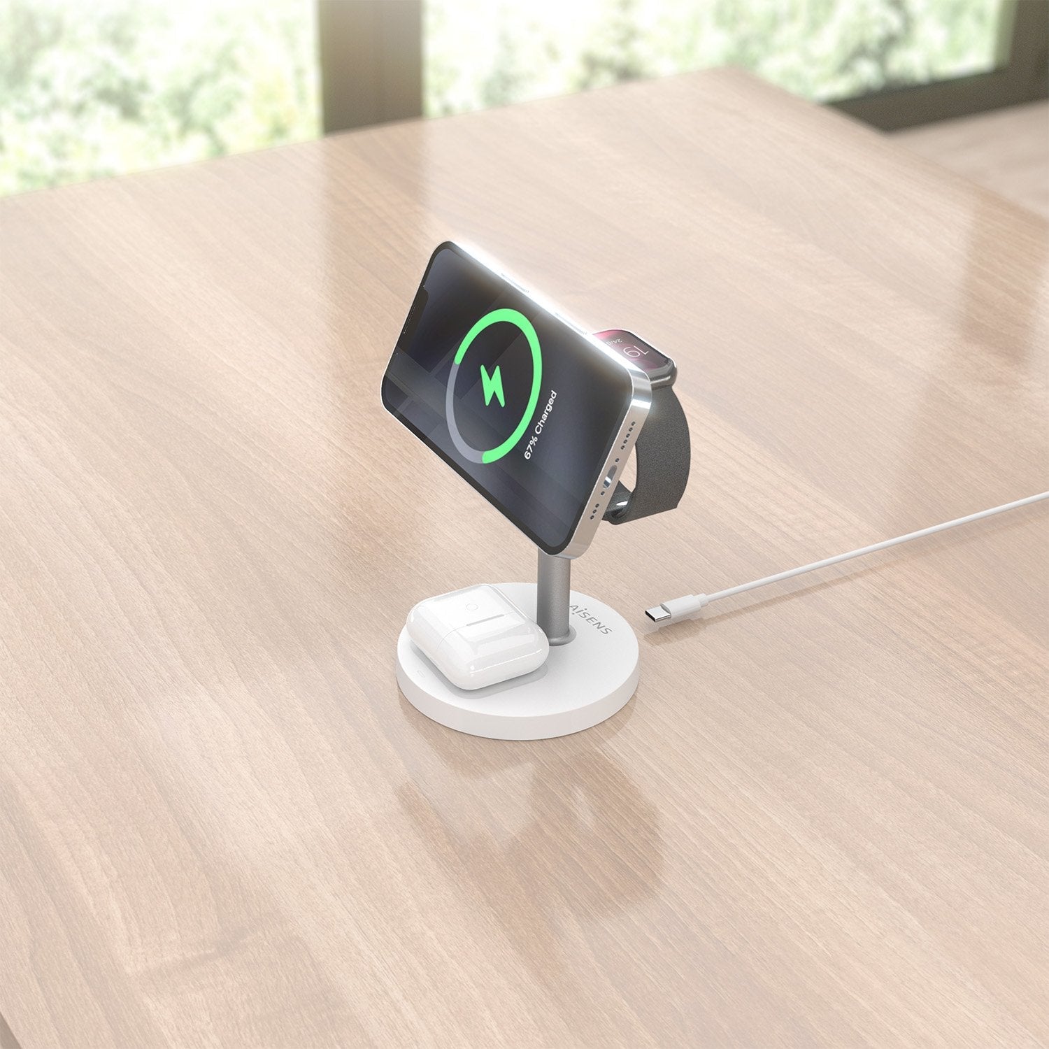 Aisens Cargador Inalambrico Usb-C 3 En 1 De 15w Para Movil, Apple Watch, Auriculares Con Estuche De Carga, Blanco