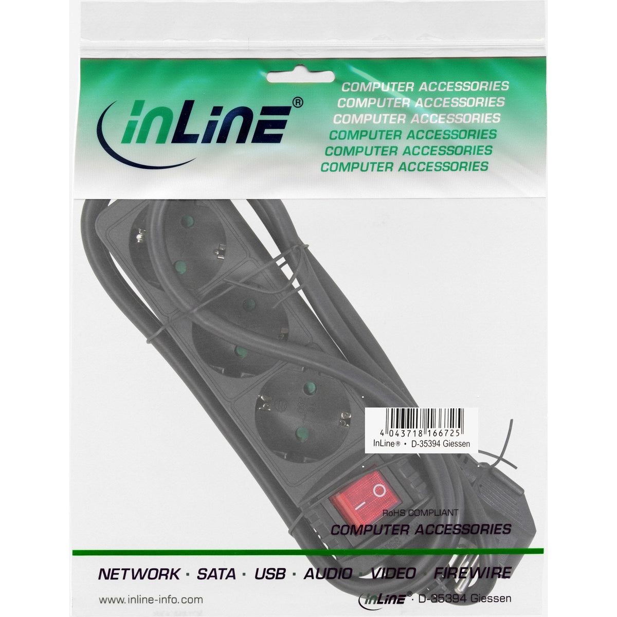 Inline Regleta 3 Tomas Tipo F Aleman Con Interruptor De Encendido Negro 3m