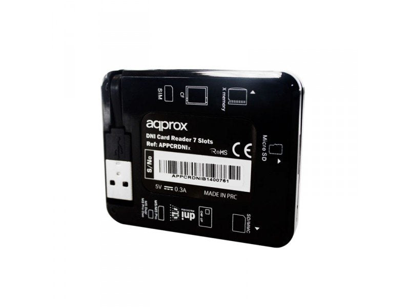 Lector De Tarjetas Externo Approx Dni Y Smart Cards Appcrdnib Compatible Con Tarjetas Sim 7 Ranuras Para S.O. Windows Usb 2.0 Color Negro