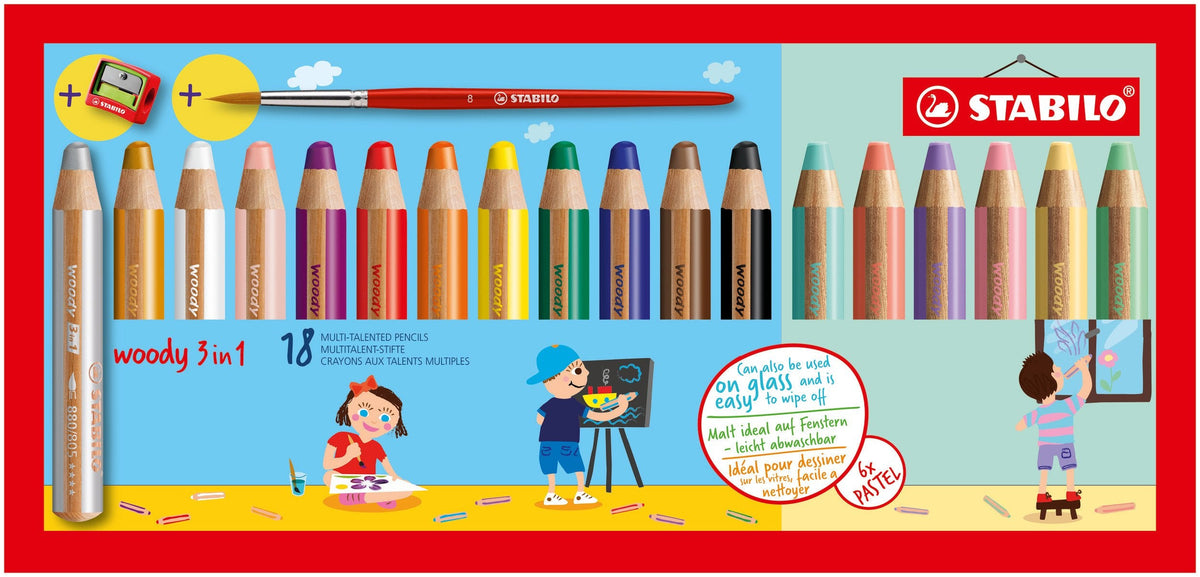 Stabilo Woddy 3 En 1 Pack De 18 Lapices De Colores Incluidos Pastel + Sacapuntas + Pincel Nº 8 - Lapiz De Color, Cera Y