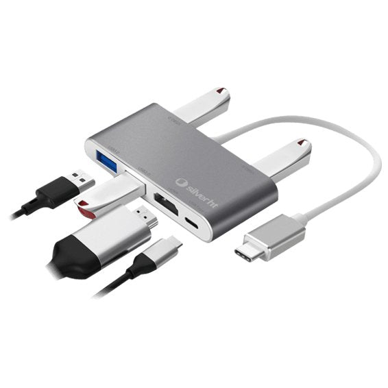 Hub Logan Usb Tipo C Silver Ht 6 En 1 -  3 Usb 2.0 -  Usb 3.0 -  Hdmi 4k -  Usb Tipo C -  Silver