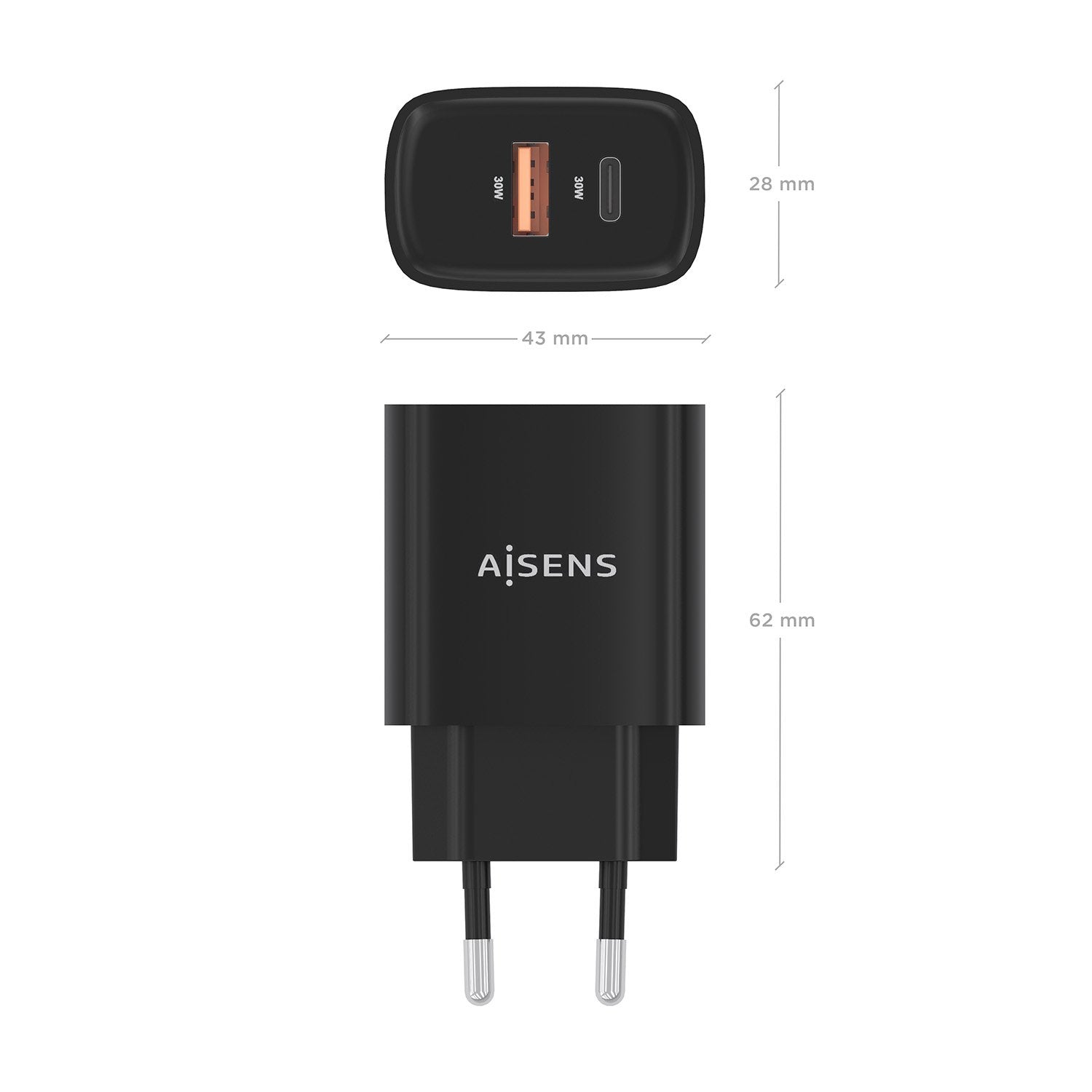 Aisens Cargador Gan 30w, 1xusb-C Pd3.0 Qc4.0, 1xusb-A Qc3.0, Negro