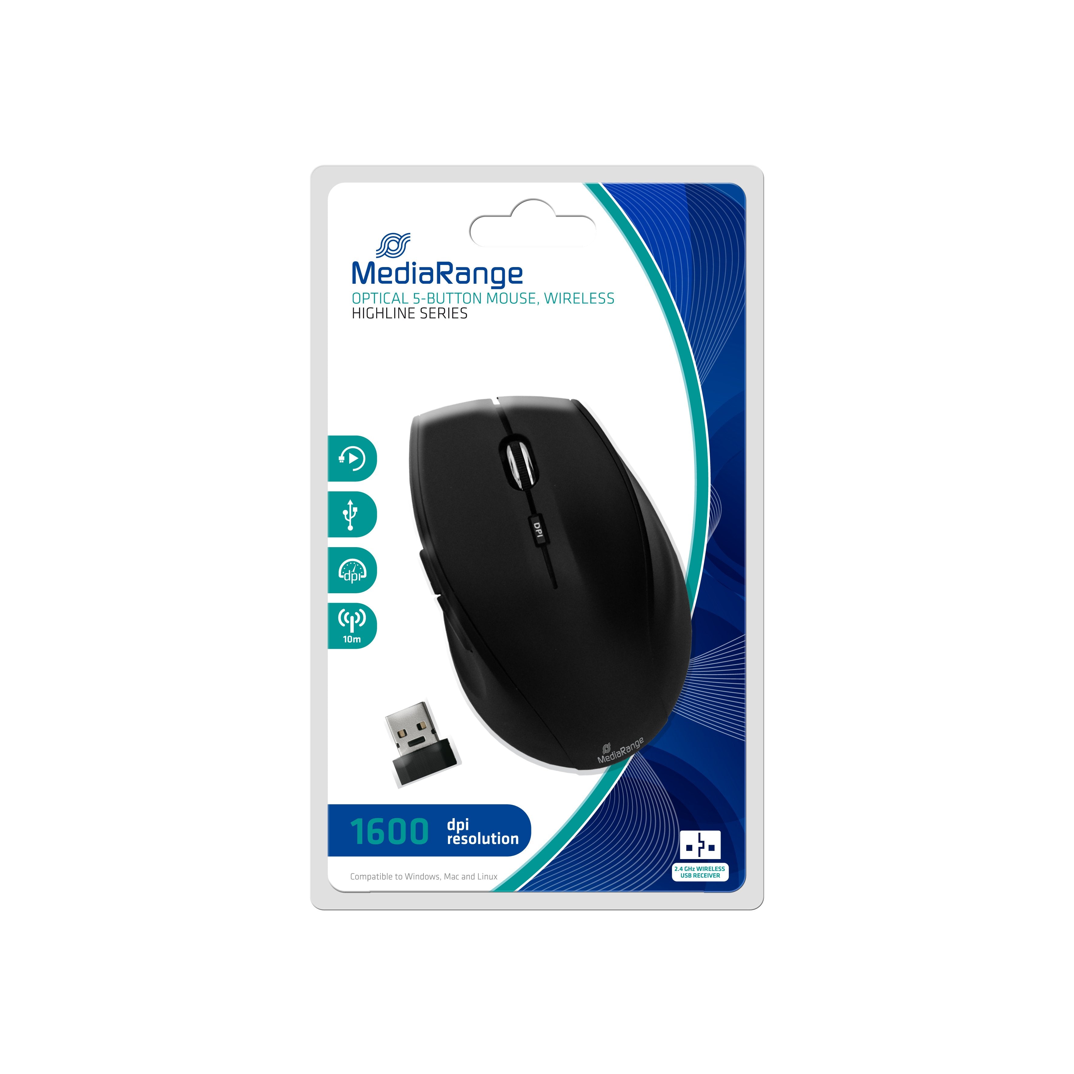 Ratón Mediarange Highline Óptico 5 Botones Inalámbrico Negro