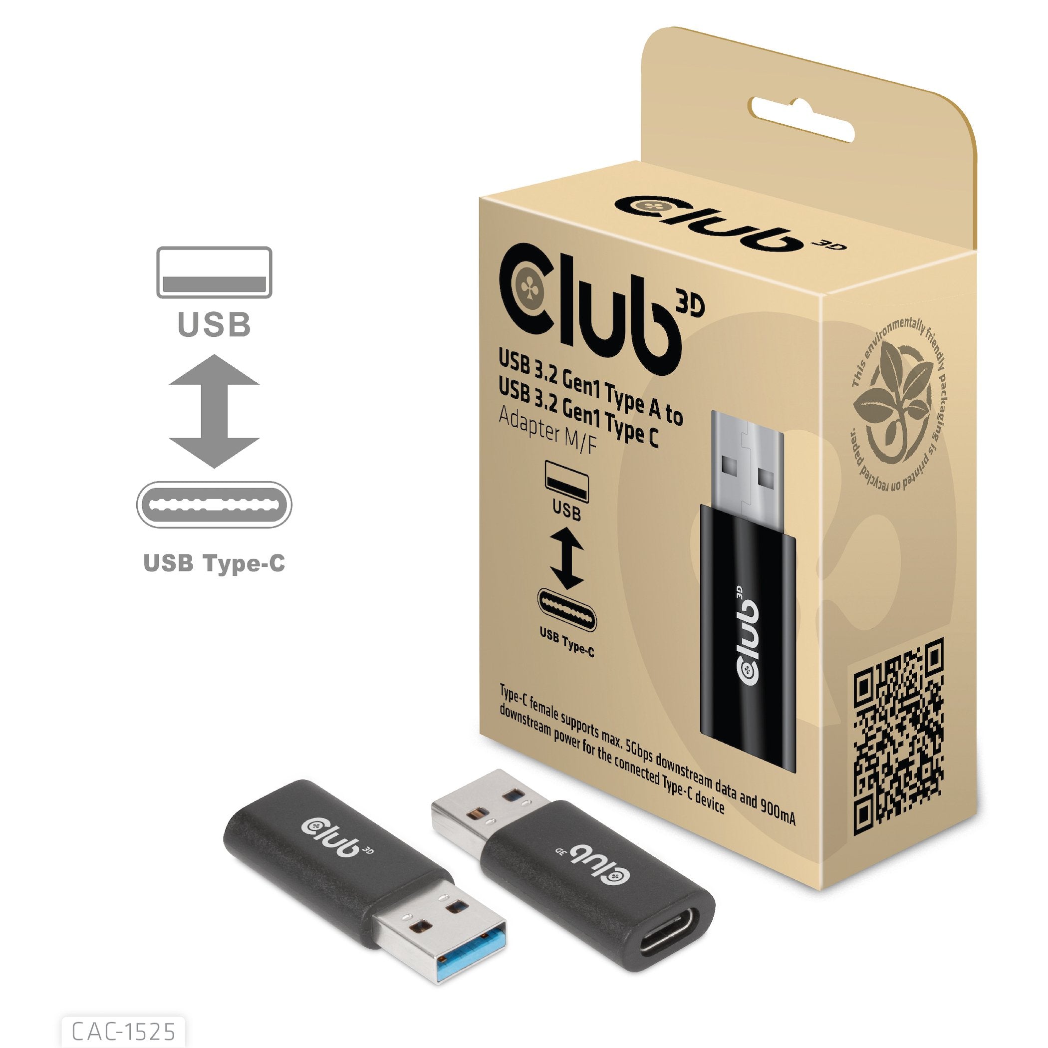 Adaptador Club3d Usb 3.2 Gen1 Tipo A A Usb 3.2 Gen1 Tipo C (M / F), Negro
