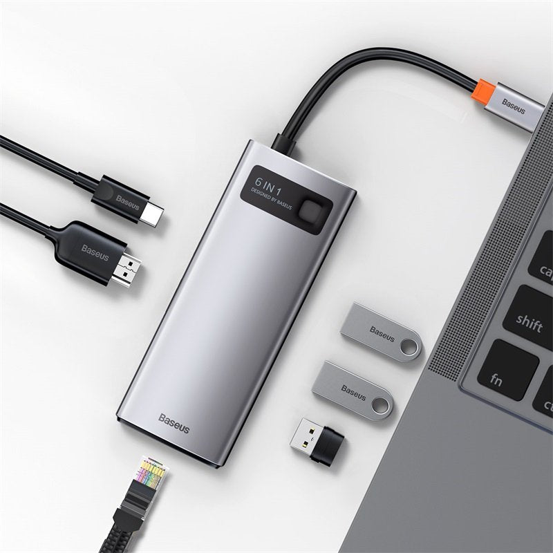 Hub 6w1 Baseus Metal Gleam Series, Usb-C Do 3x Usb 3.0 + Hdmi + Usb-C Pd + Ethernet Rj45