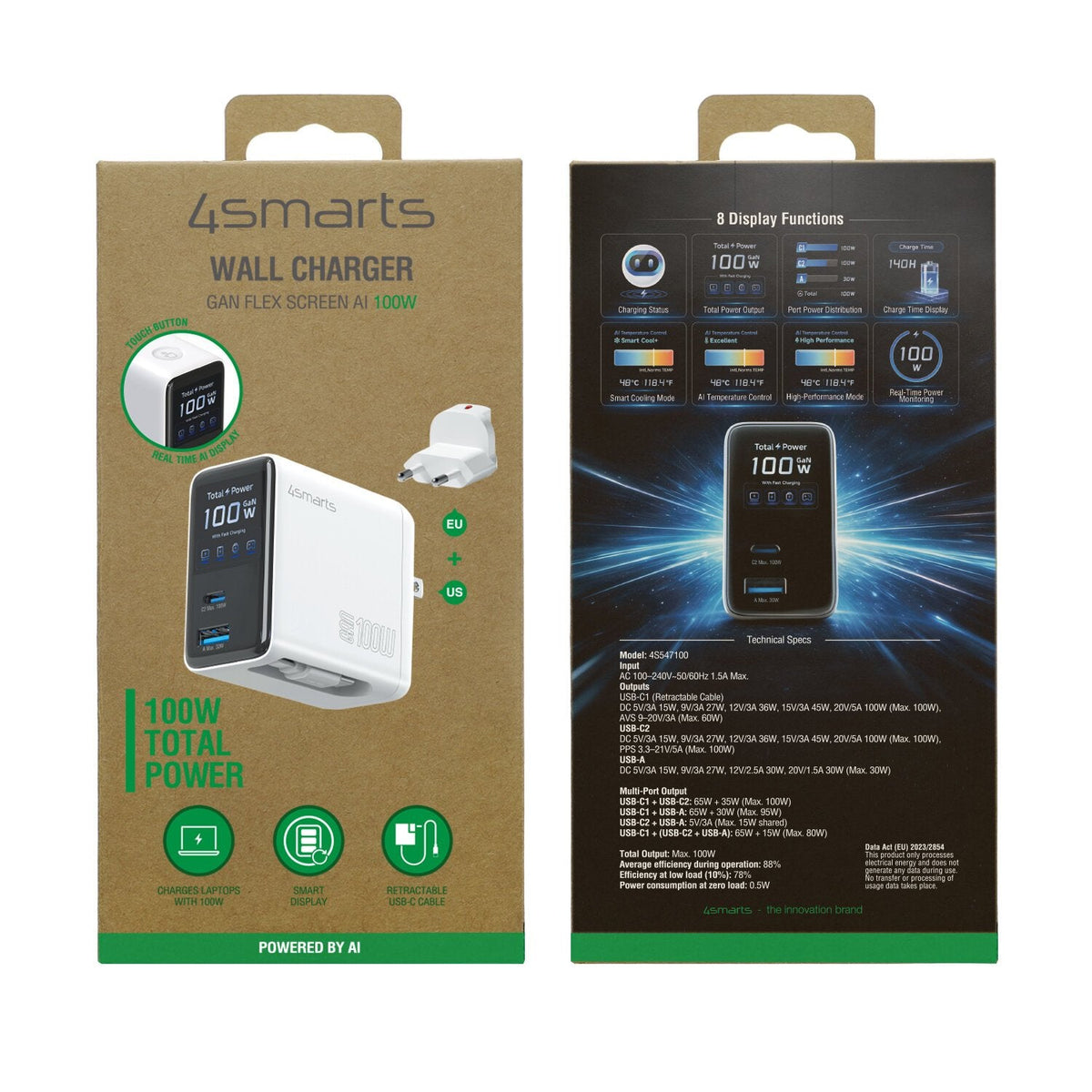 4smarts Ladegerät Gan Flex Screen Ai 100w 2 Usb-C+1 Usb-A, Blanco