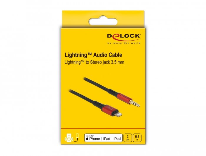 Cable  Delock  De Audio Conector Lightning De 8 Pines > Conector Jack De 3,5 Mm, 3 Pines, Negro/Rojo, 50 Cm 86586