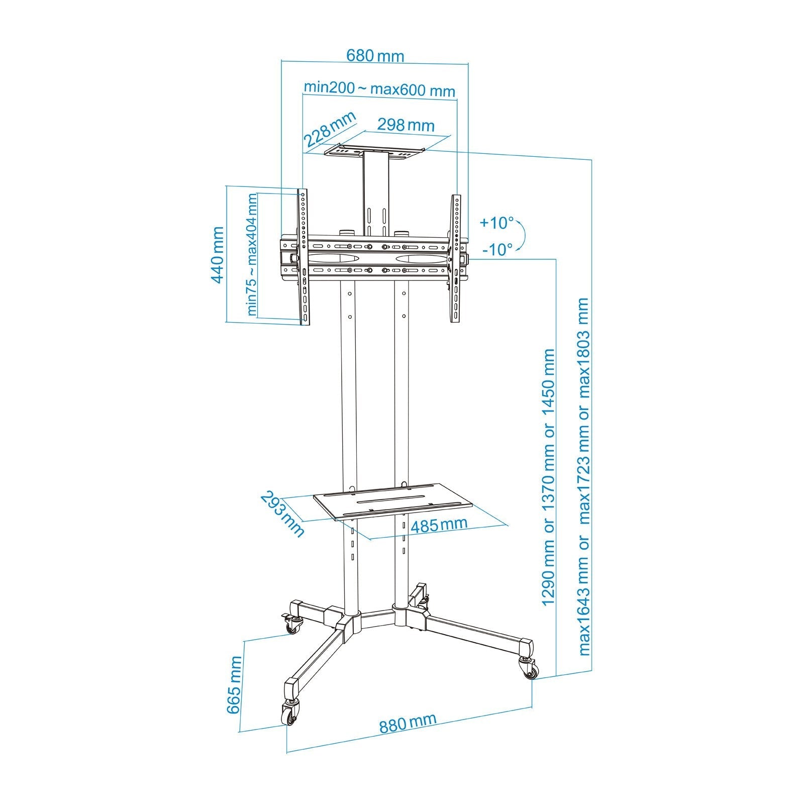 Tooq Soporte De Pantalla De Suelo Con Ruedas 37"-70" - Bloqueo De Ruedas - Dos Estantes - Peso Max 50kg - Vesa
