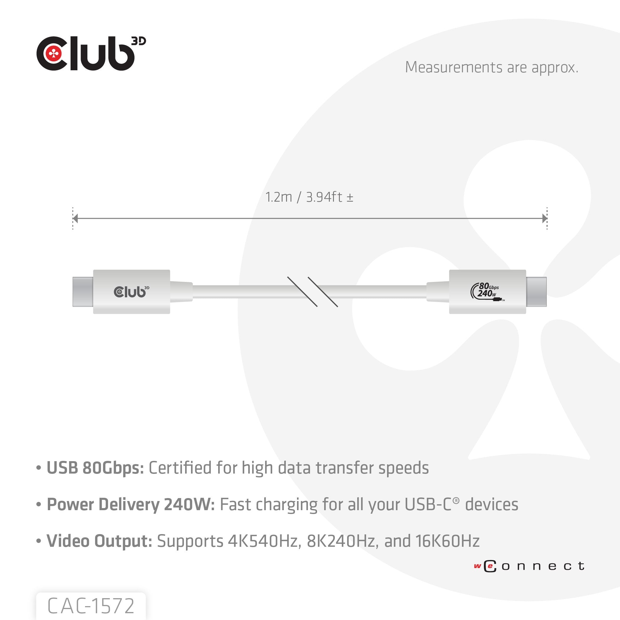 Club3d Cable Usb C Zertifi. Pd240w 8k240hz 80gbps 1,2m Blanco Retail