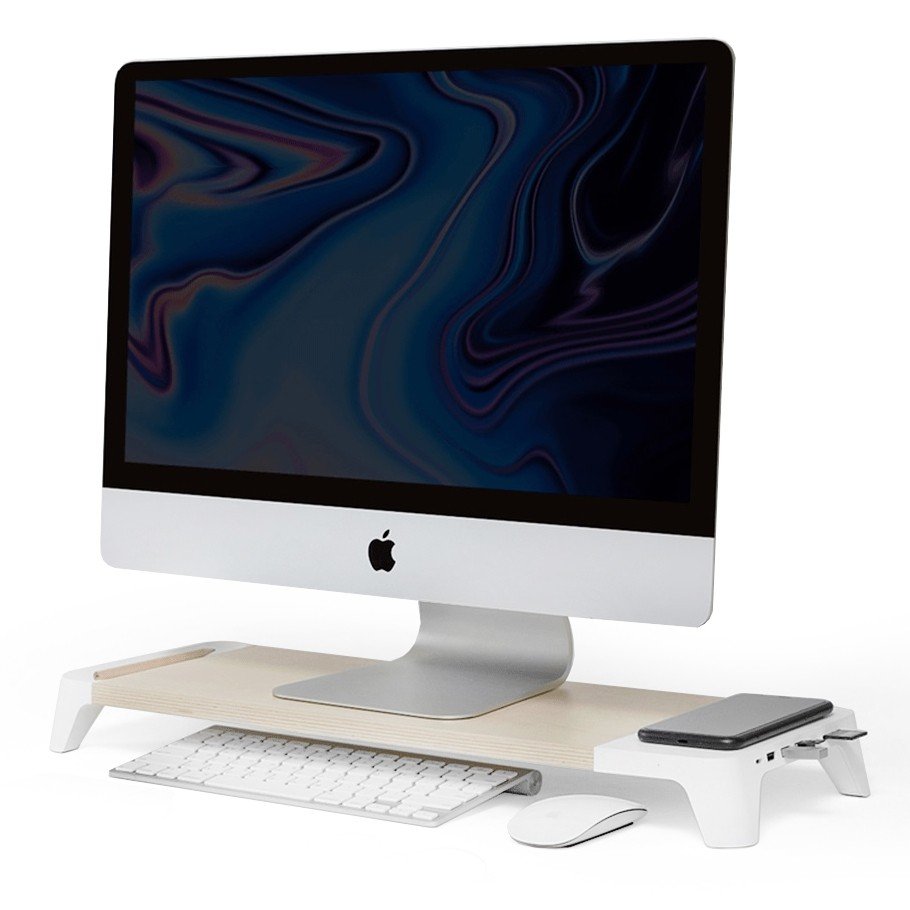Pout Eyes8 - Soporte De Madera Para Monitor Con Cargador Rápido Y Carga Inalámbrica Para Dispositivos, 3 En 1, Blanco