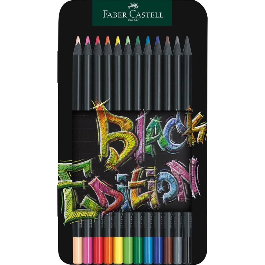 Lápices De Colores Faber-Castell Black Edition, Juego De 12, Negro, Estuche De Metal