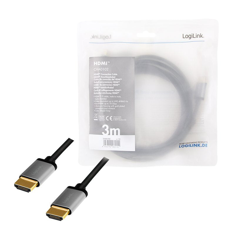 Logilink Cha0102 Cable Hdmi A/M To A/M 4k/60 Hz Alu Black/Grey 3m