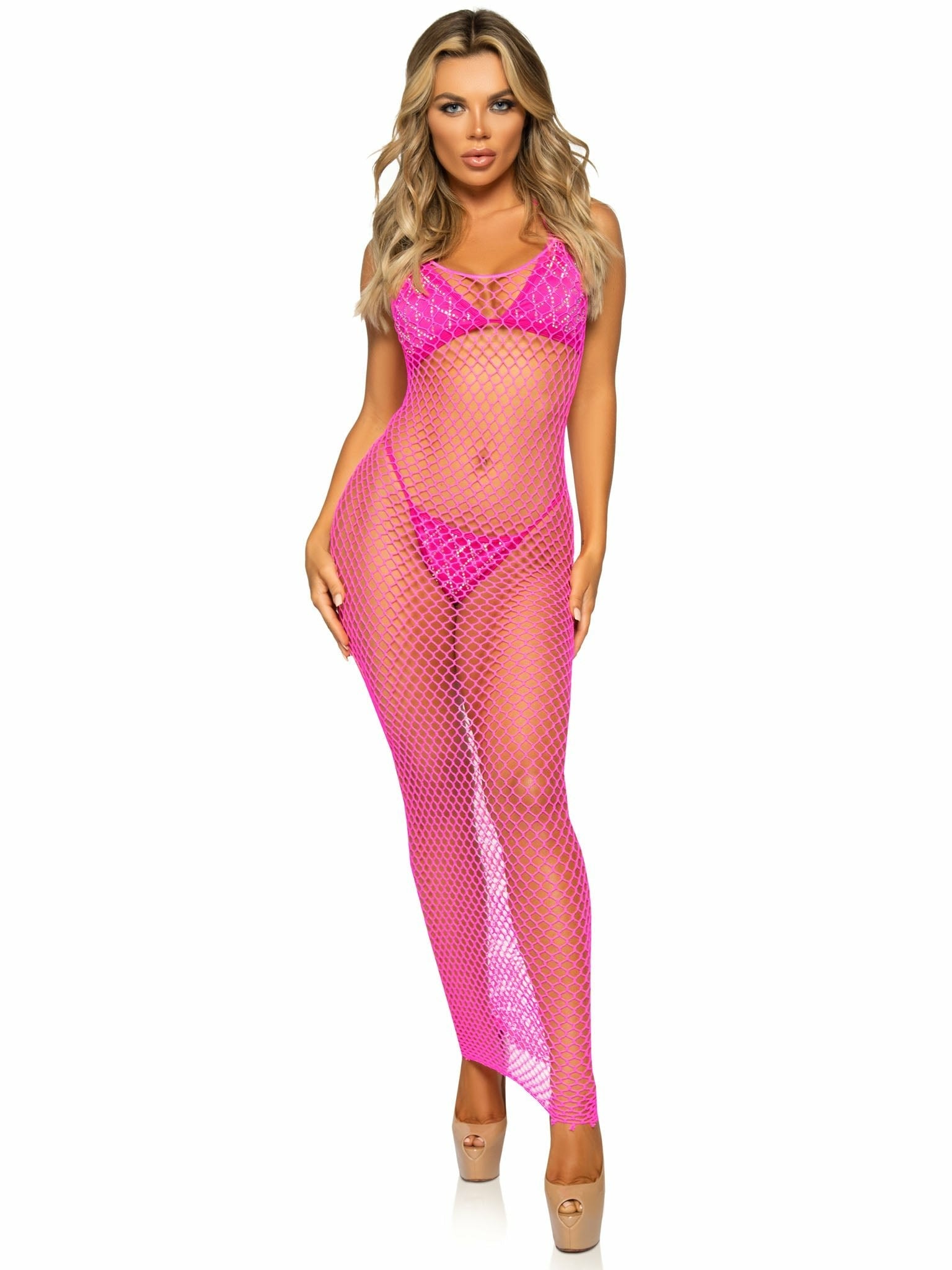Leg Avenue - Vestido De Rejilla Largo Fucsia Talla Única