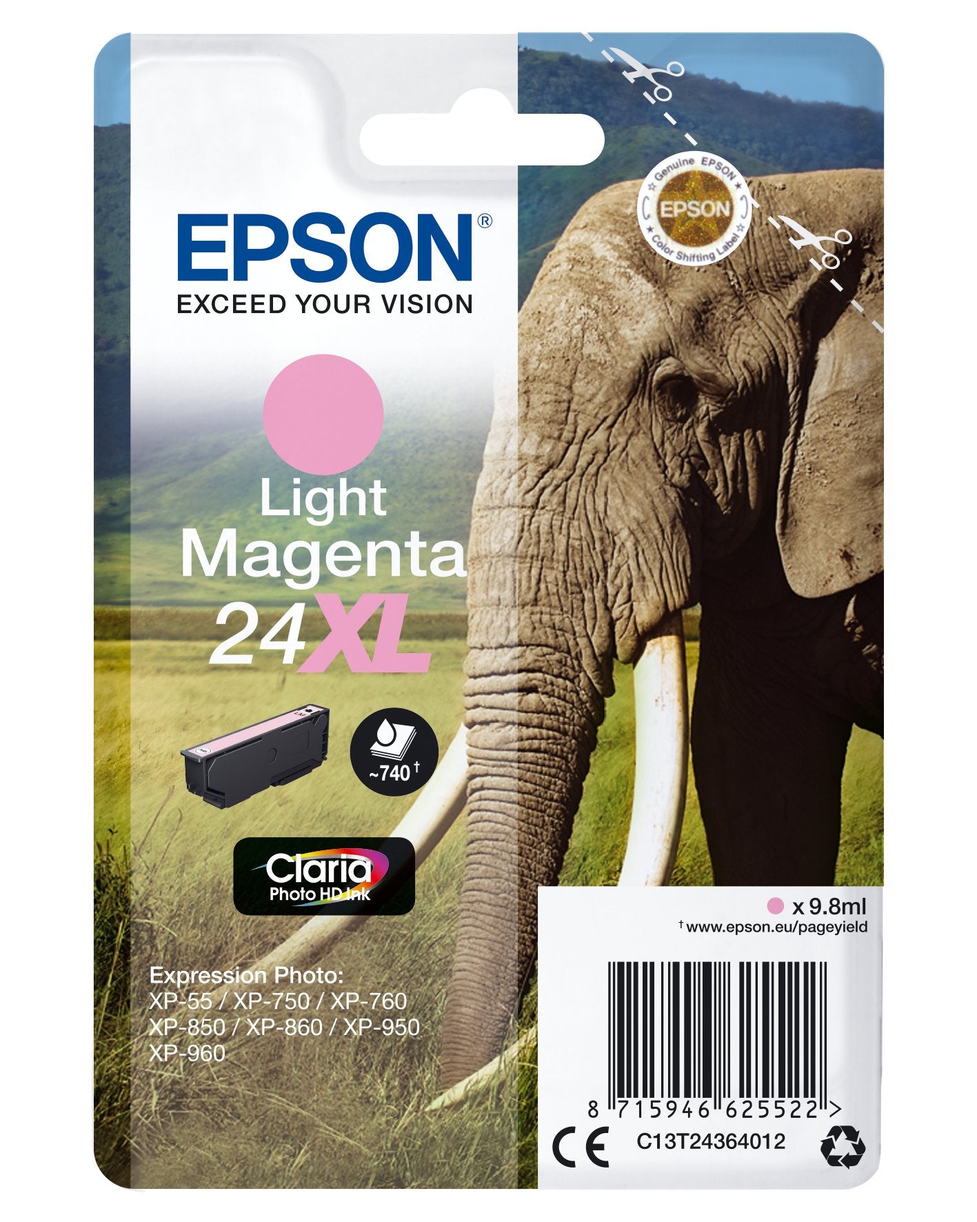 Epson 24xl 9.8 Ml Xl Magenta Claro Original Blíster Con Alarma De Rf Cartucho De Tinta Para Expression Photo Xp-55 750 760 850 860 950 960 970 Expression Premium Xp-750 850