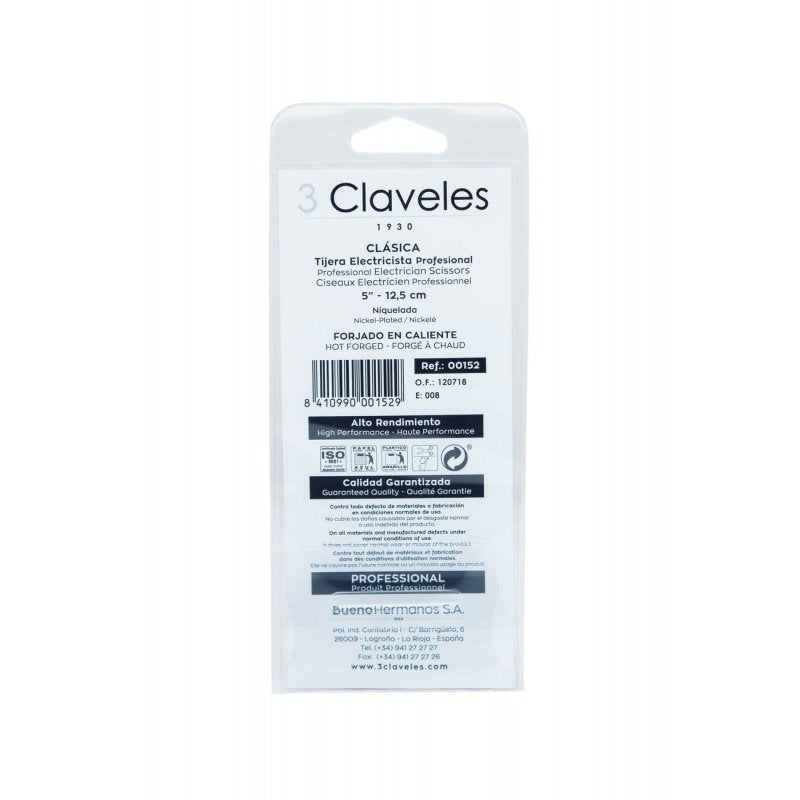 3 Claveles - Tijeras De Electricista Profesionales, Clásicas, 12.5 Cm - 5"