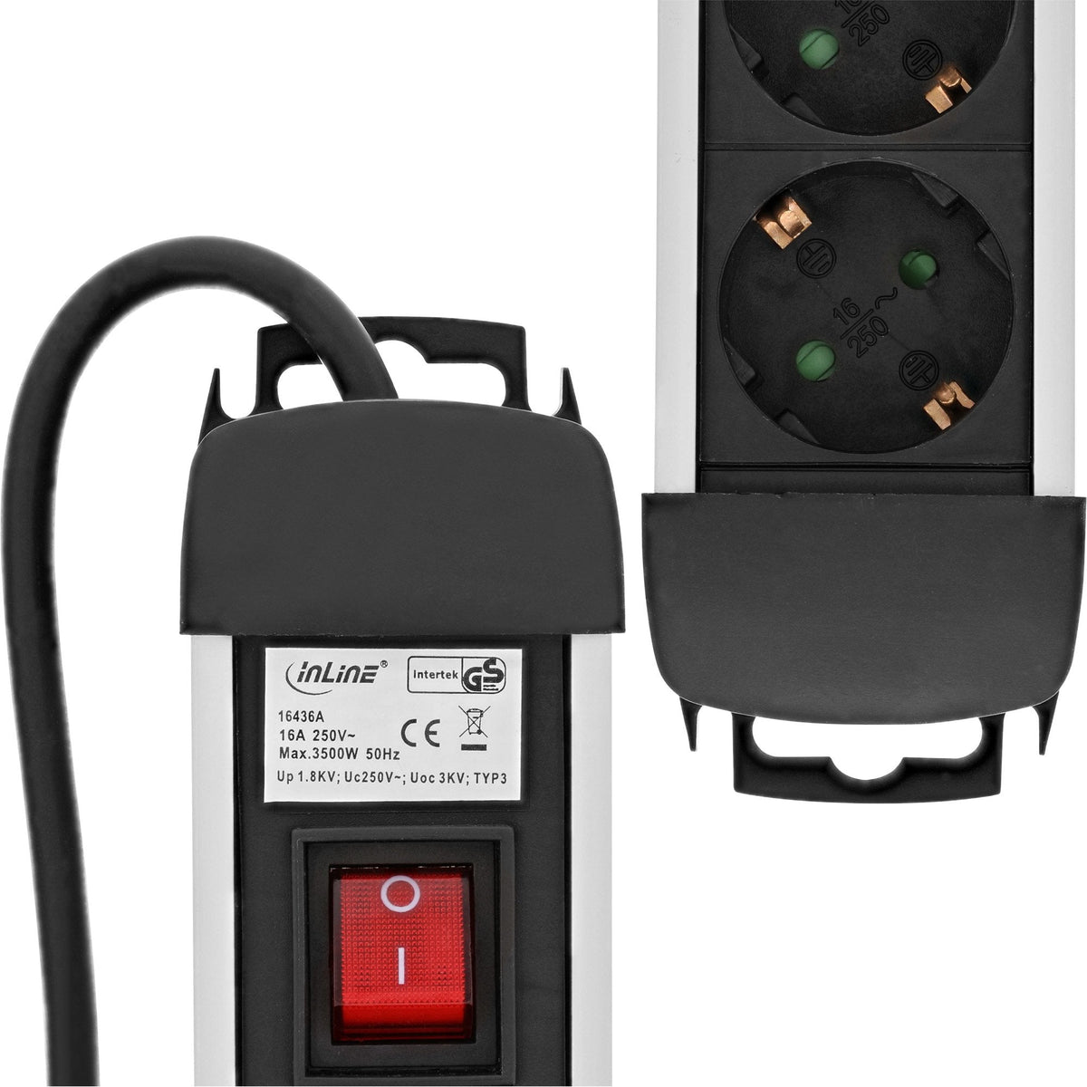 Inline Regleta 3 Tomas Con Protección 3x Tipo F Alemáncon Interruptor Plata 1.5m