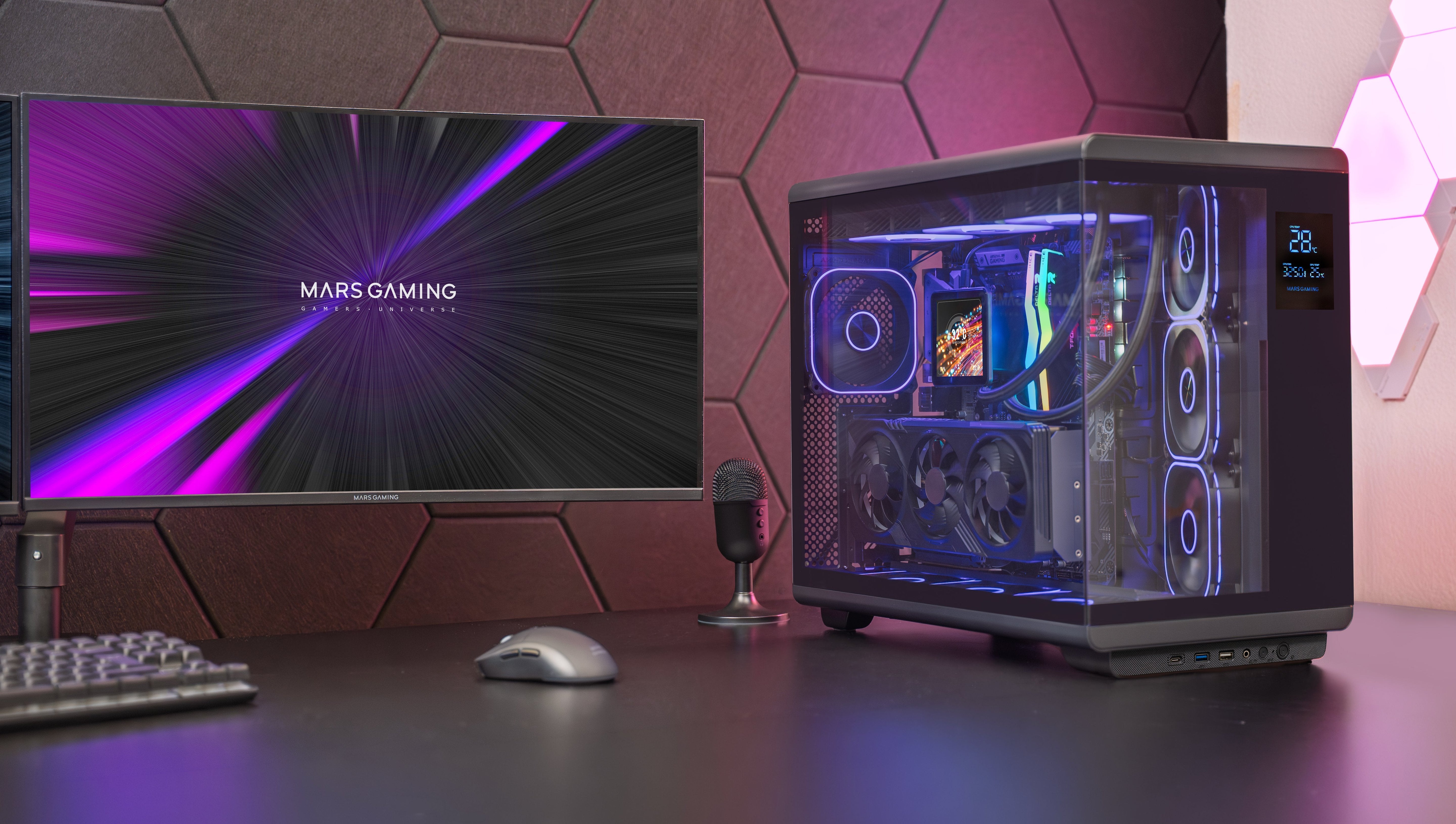 Caja Pc  Atx Mars Gaming Mc-Revpro Pantalla Lcd 4.3" Cristal Templado 4x Ventiladores Argb Black