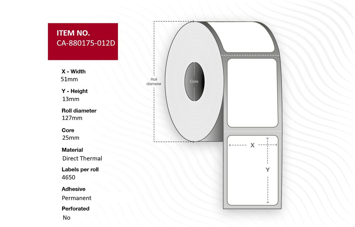 Label 51 X 13mm, Core 25mm,  Direct Thermal, Uncoated,