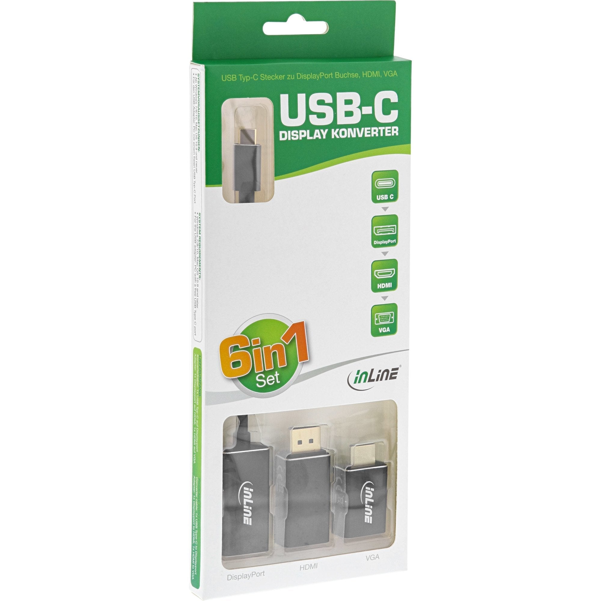 Inline Usb Display Converter Set 6 En 1, Usb Tipo C Macho A Displayport Hembra, Hdmi, Vga (Modo Alternativo Dp), 4k2k, Negro, 0,2 M