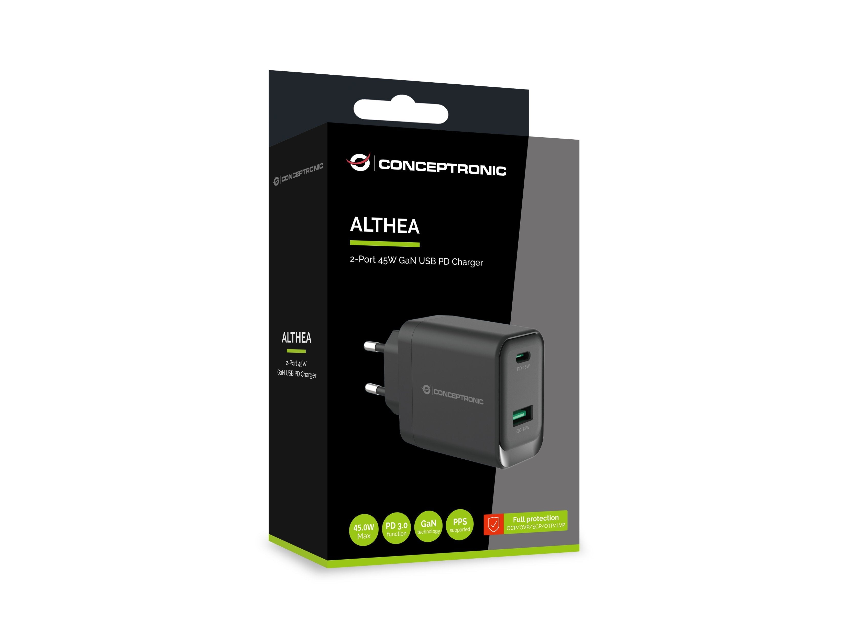 Cargador Conceptronic 2port Gan Usb-C -A 45wpd3.0 Pps Sw