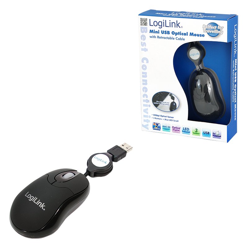 Logilink Raton Optico 800 Dpi Led Con Cable Retractable Usb Negro Id0016