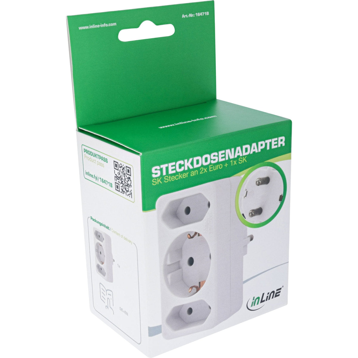 Inline® Power Adapter, Ec Plug A 2x Euro Socket+1x Ec Socket, White