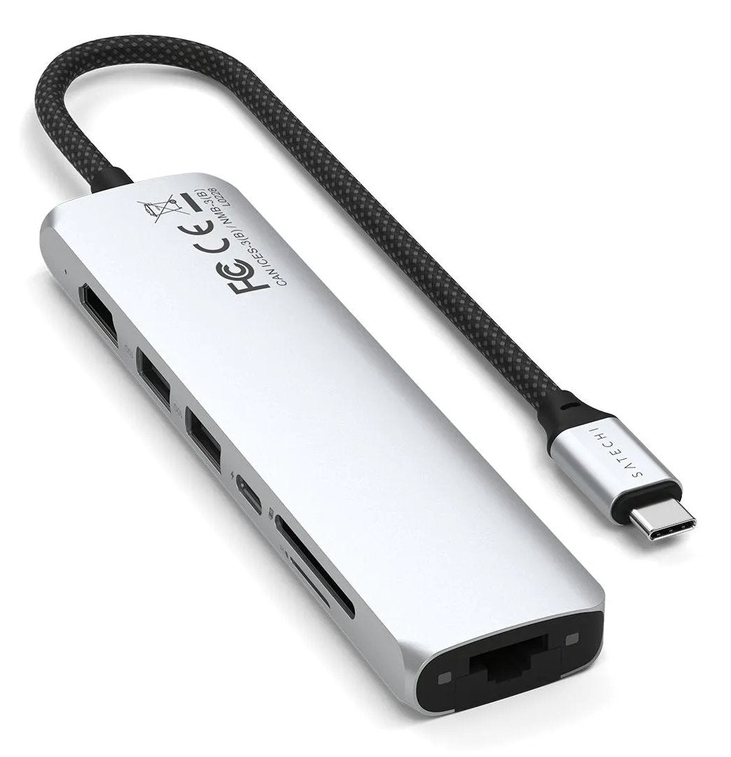 Satechi 7-W-1 Usb-C Slim Multiport Adapter Ethernet (Usb-C Pd, 2x Usb-A, Hdmi 4k, Ethernet, Czytnik Kart Micro/Sd) (Srebrny)