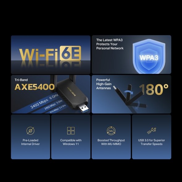 Tp-Link Mercusys Axe5400 Tri-Band Wi-Fi 6e Usb Adapter