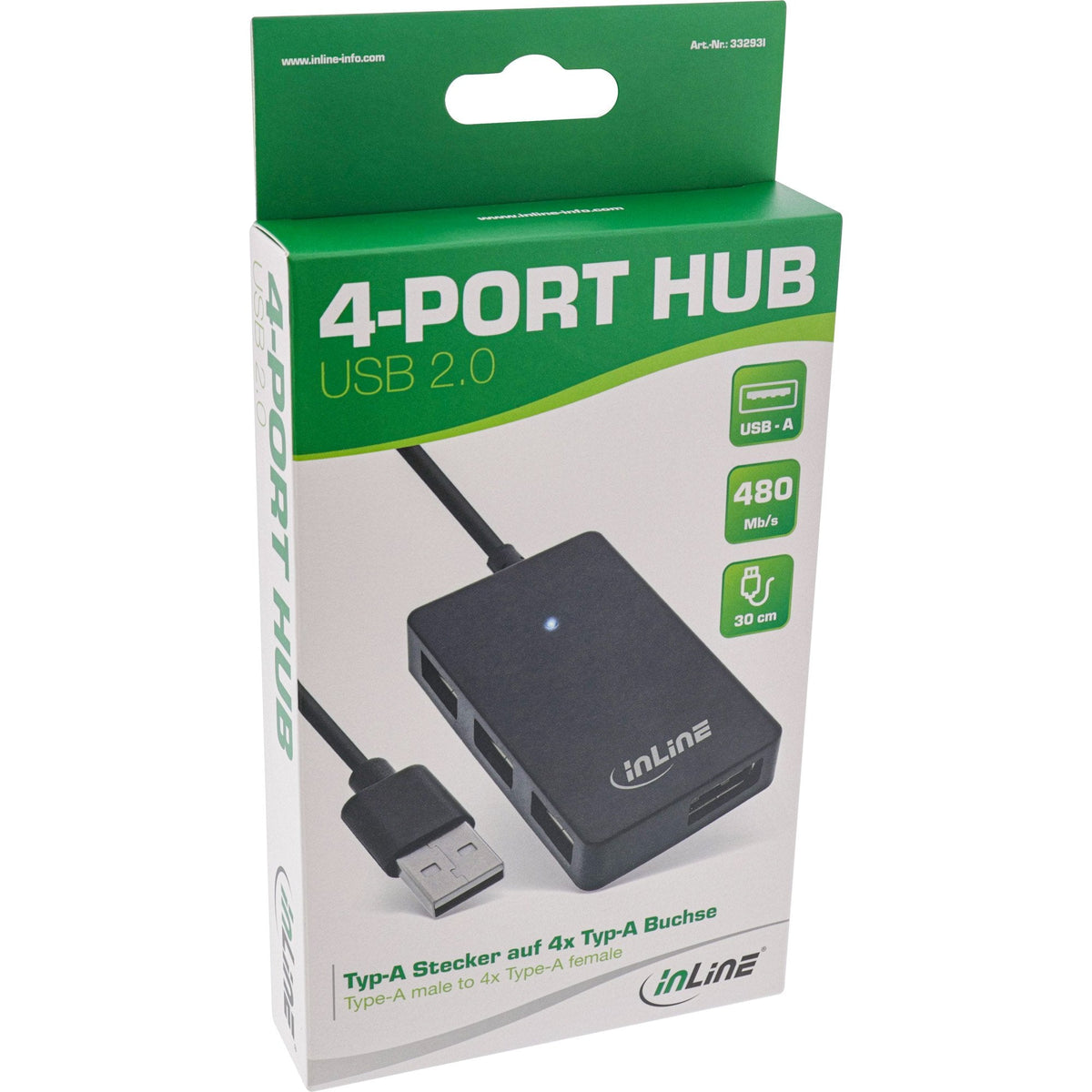 Hub Inline Usb 2.0 De 4 Puertos, Tipo A Macho A 4x Tipo A Hembra, Negro, 30 Cm