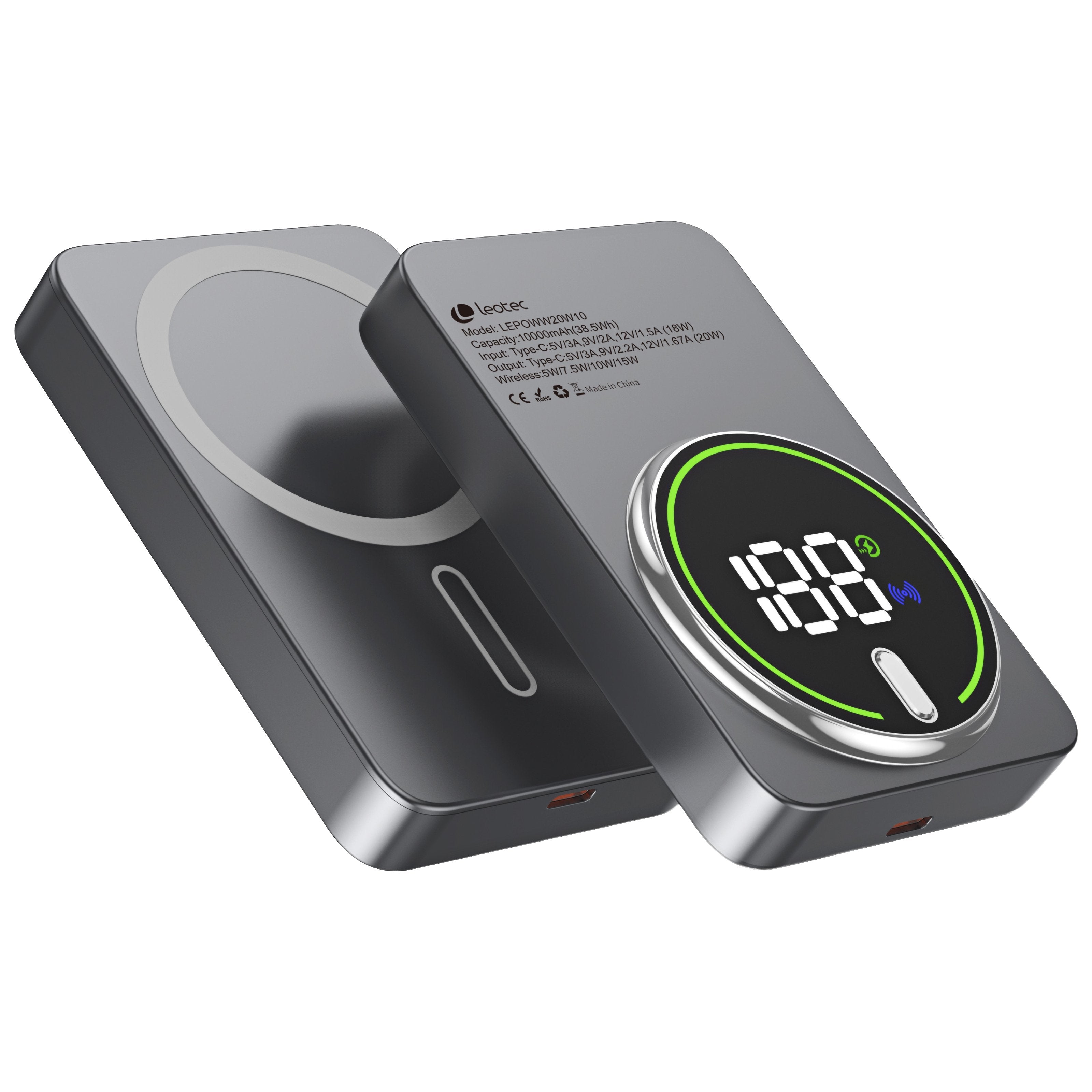 Powerbank 10000mah Leotec Lepoww20w10g 20w Wireless Gris Incluye Cable Usb Tipo-C