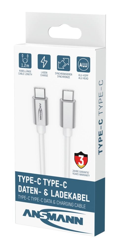 Ansmann Usb Typ-C Zu Typ-C Daten Und Ladecable (Blanco, 1,2 Meter, Laden Mit Bis Zu 60 Watt) 1700-0213