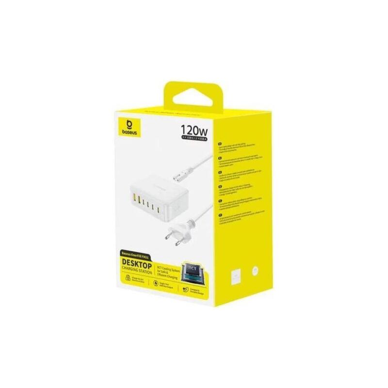 Baseus Power Station Enerfill Fh21 (Gan) 6-In-1 Qc, C+C+C+C+U+U, 120w With 1.5m Wall Cable White (E0120t01)