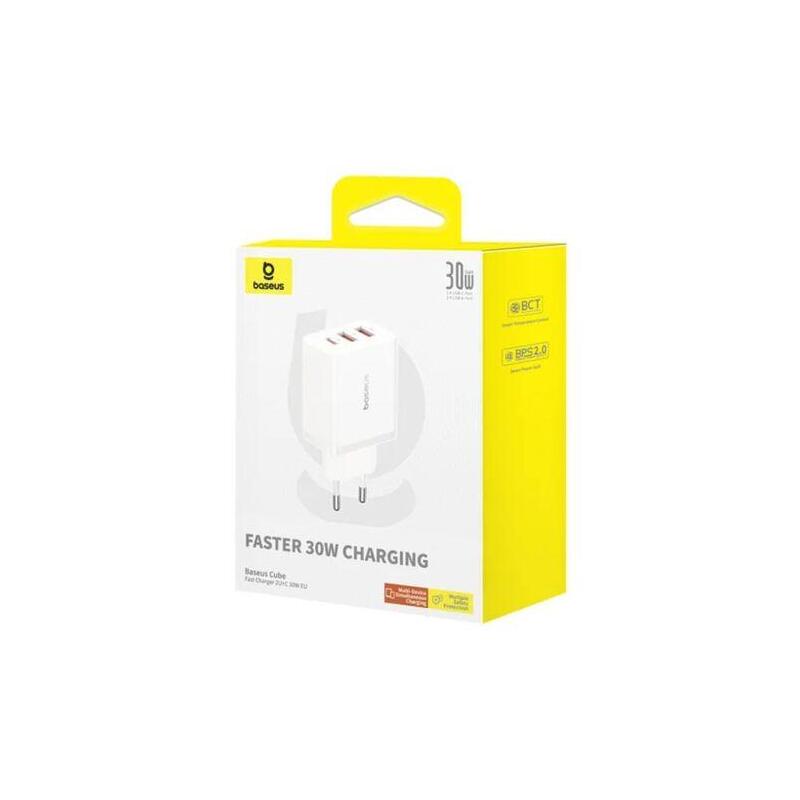 Baseus Travel Charger Cube Quick Charger C+U+U, 30w, White Eu (P10111402213-00)
