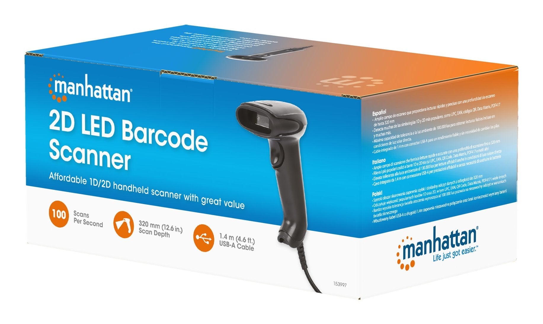 Manhattan 153997  Lector De Códigos De Barras Portátil 1d/2d Led Negro