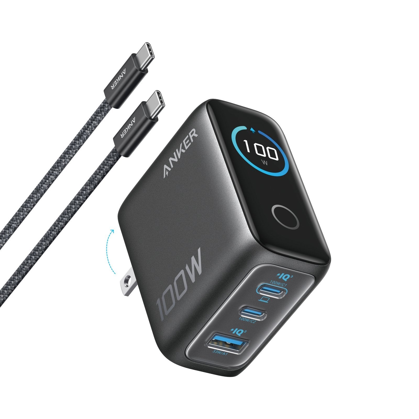 Cargador De Pared Anker 100w 3 Puertos Con Pantalla Inteligente Negro