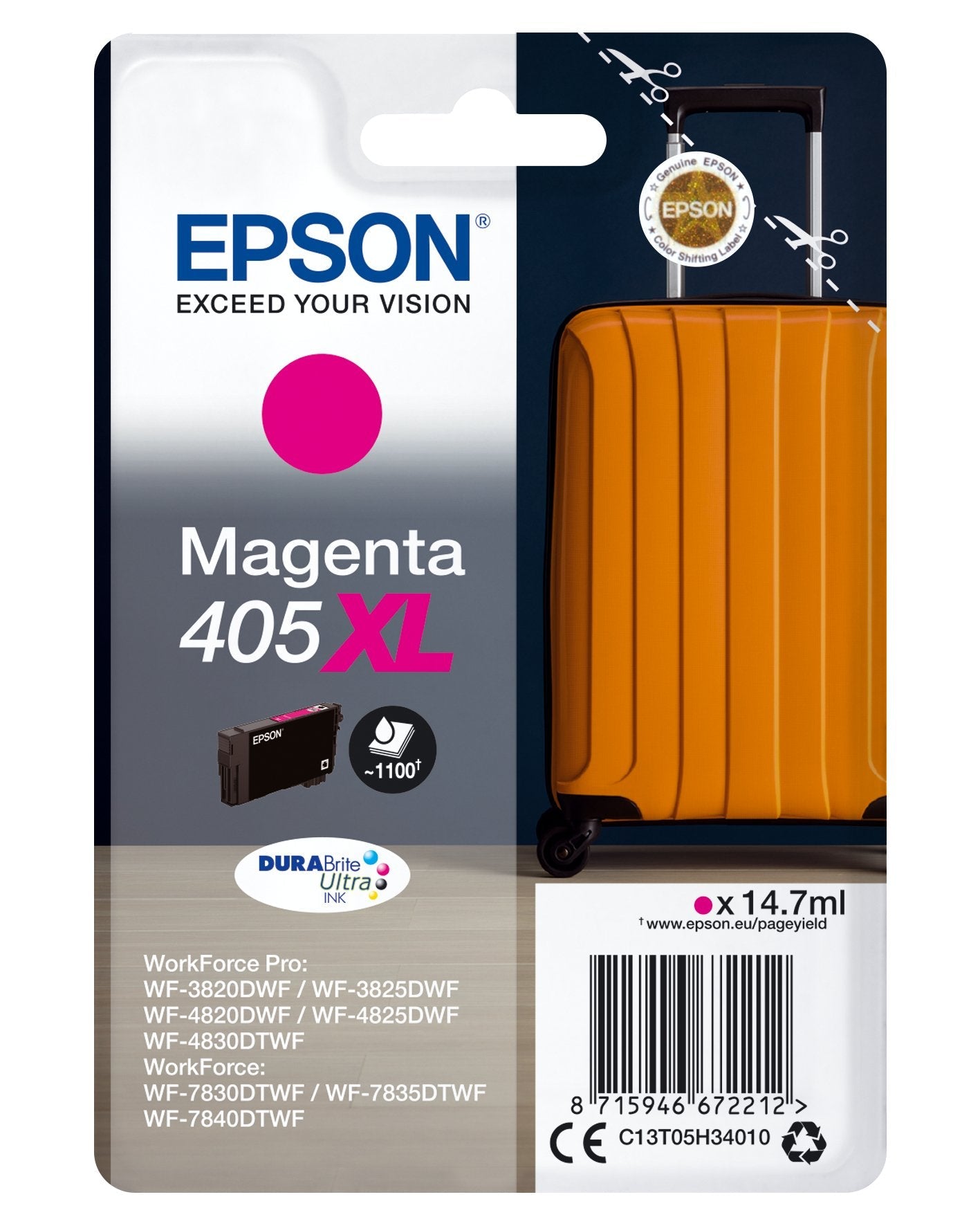 Tinta Epson 405xl 14.7 Ml Xl Magenta Original Blíster Con Alarmas De Rf/Acústica Cartucho De Tinta Para Workforce Wf-7310 7830 7835 7840 Workforce Pro Wf-3820 3825 4820 4825 4830