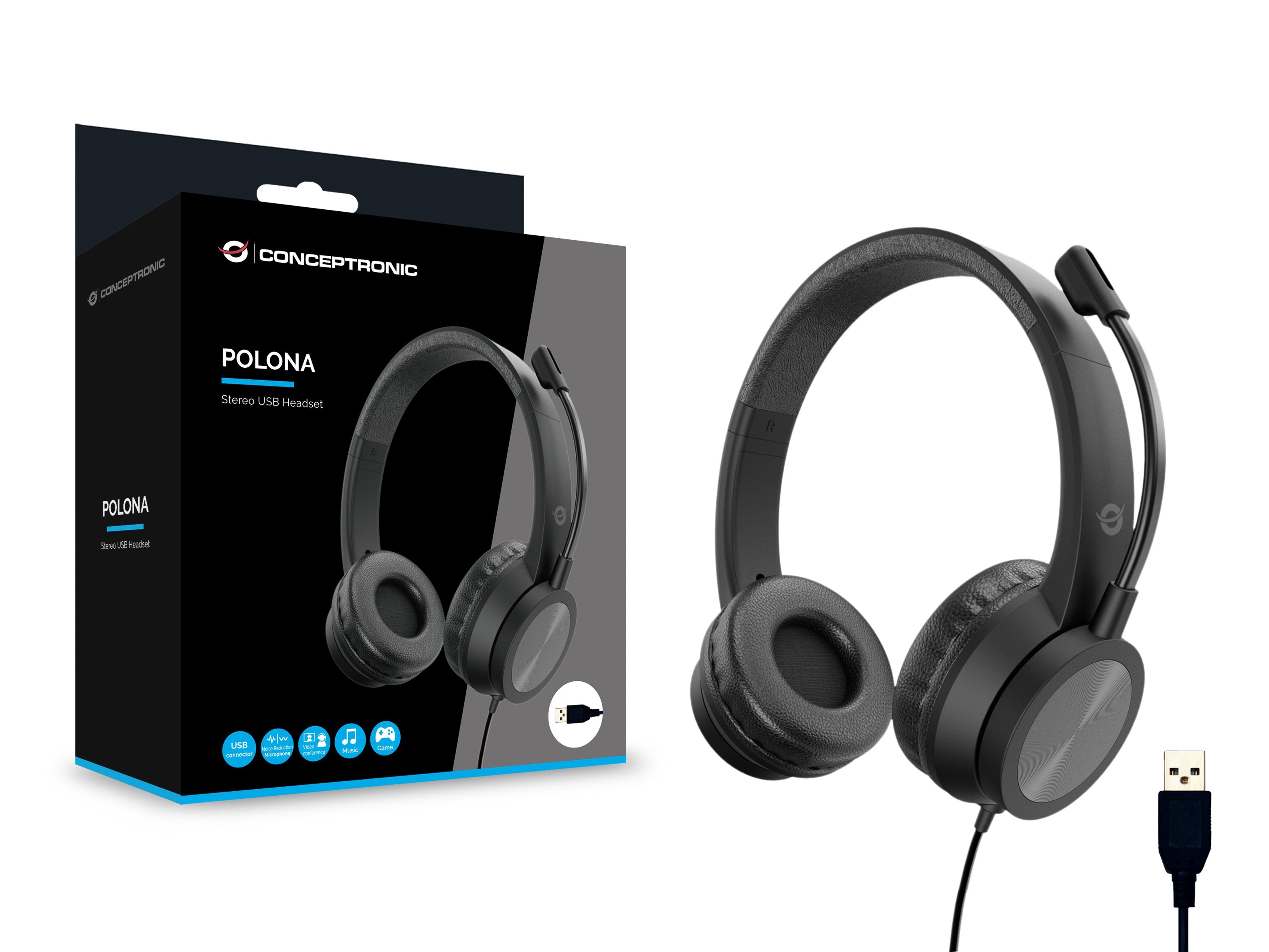 Auriculares Conceptronic Usb-A Mikro,Int.Bed.Mereo 2.0m Sw