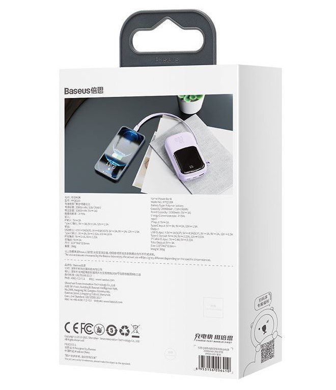 Power Bank  Baseus Qpow 20000mah, Ip, Usb, Usb-C, 20w Z Kablem Ip Fioletowy