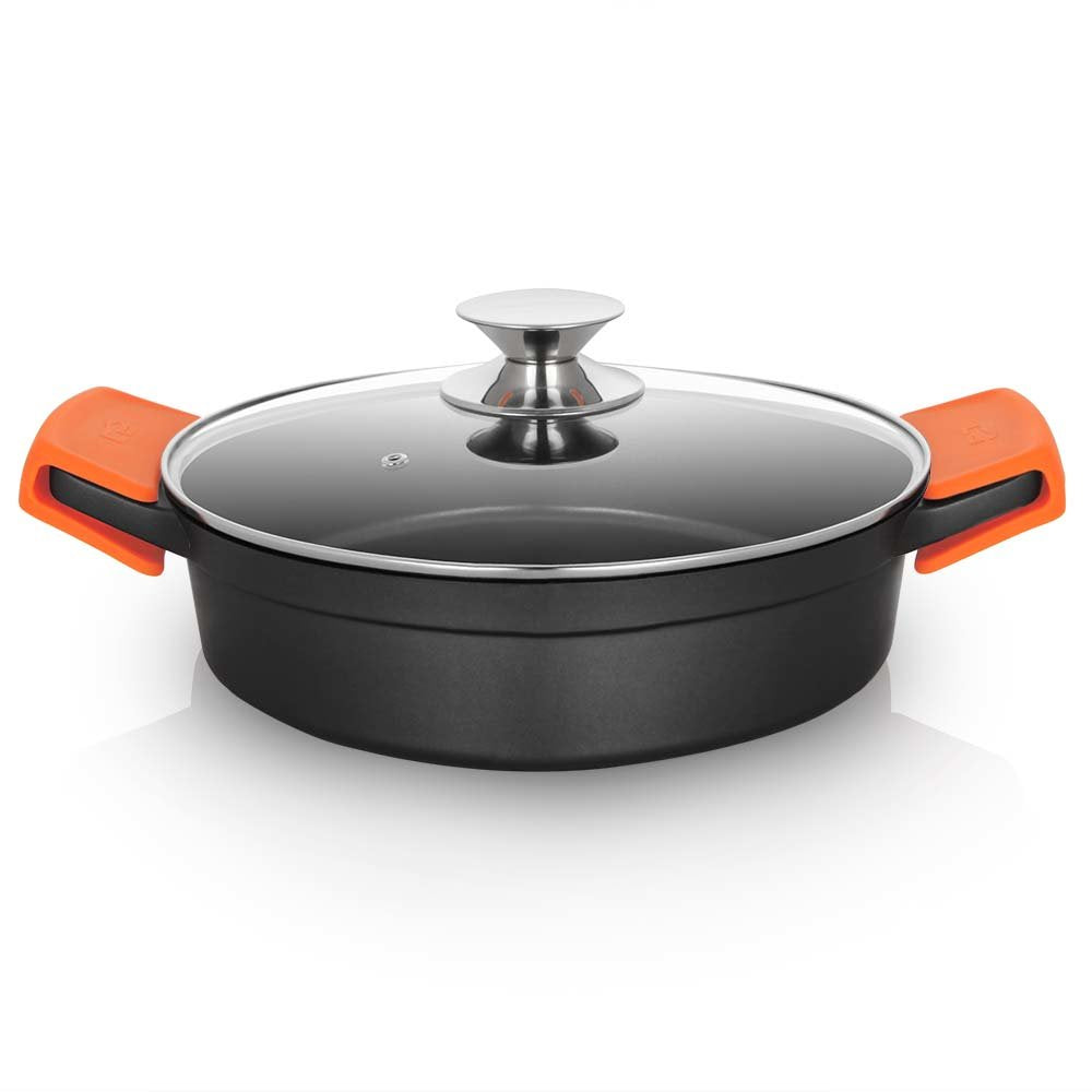 Orbegozo Cdb Cacerola Baja Serie 2.8l - Aluminio Fundido Indeformable - Asas De Silicona - Tapa De Cristal Templado -