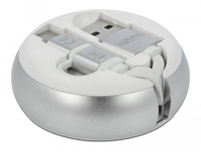 Delock Usb 2.0 2 In 1 Aufrollcable Typ-A Zu Micro-B Und Lightning 8 Pin Weiss   Gold